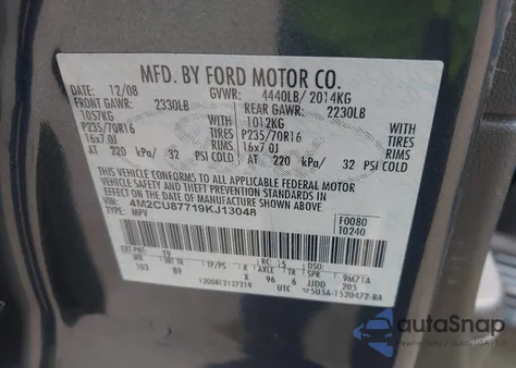 2009 Mercury Mariner Premier z USA, uszkodzony, nr VIN 4M2CU87719KJ13048